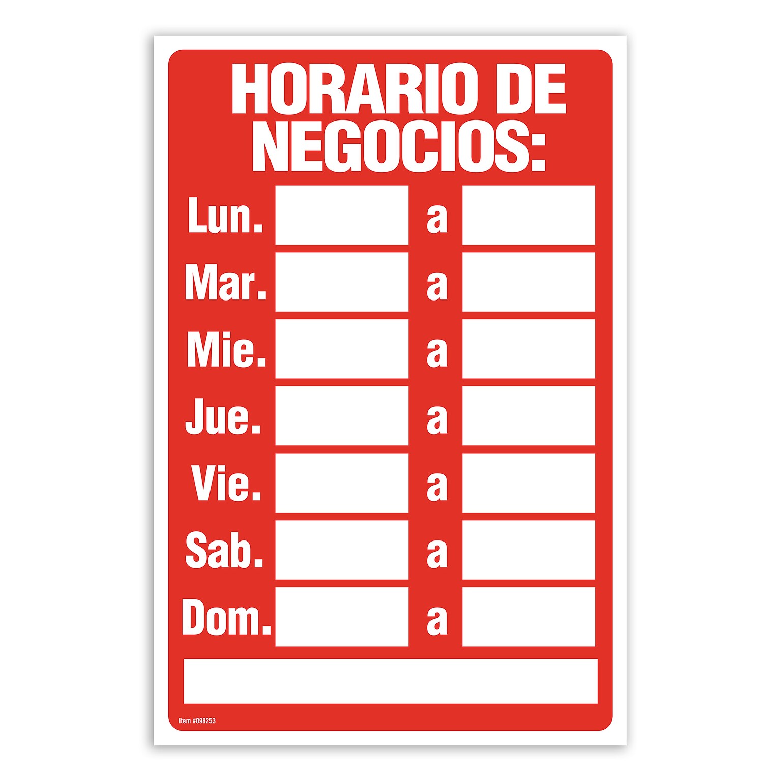 Cosco Horario de Negocio Sign, Red/White Plastic, 8 x 12 (098253)