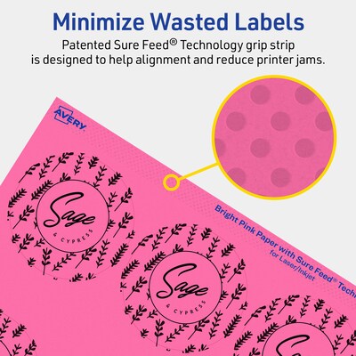 Avery Laser/Inkjet Round Multipurpose Labels, 2.5" Dia., Bright Pink, 180/Pack (94502)