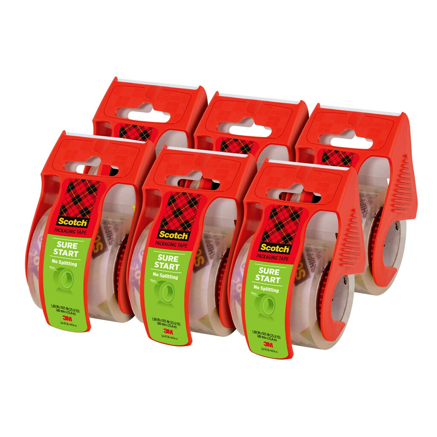 Scotch Sure-Start Shipping Packing Tape, 1.88W x 22.2 Yards, Clear, 6-Pack (145-6)