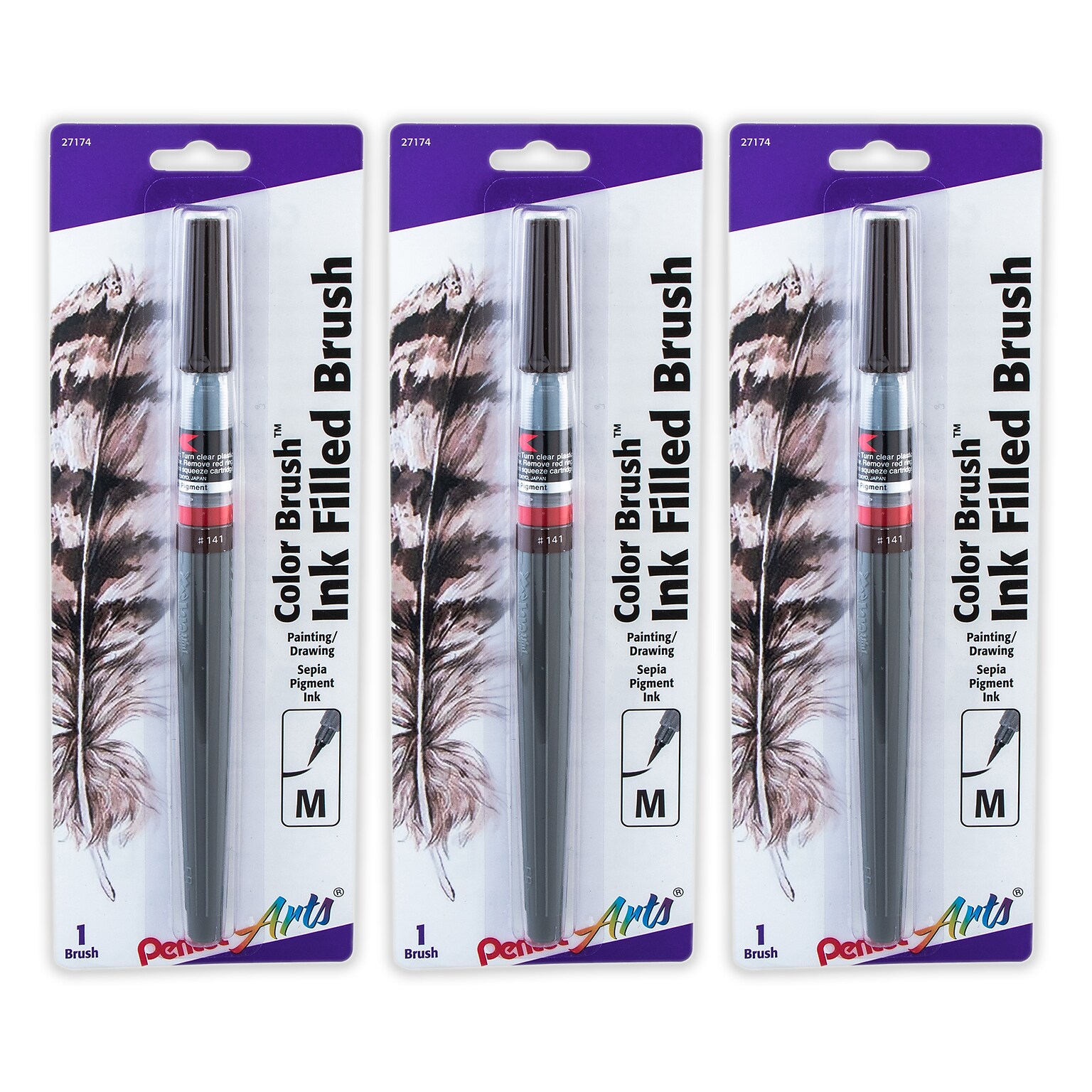 Pentel Arts Color Brush with Pigment Ink, Medium Tip, Sepia, 3/Pack (PTAGFPBP141-3)
