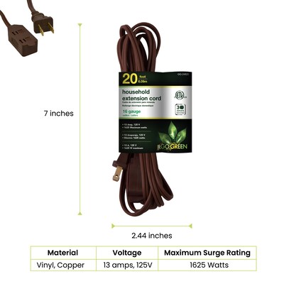 GoGreen Power 20 Extension Cords, 3-Outlet, 16 AWG, Brown, 3/Pack (GG-24820-3)