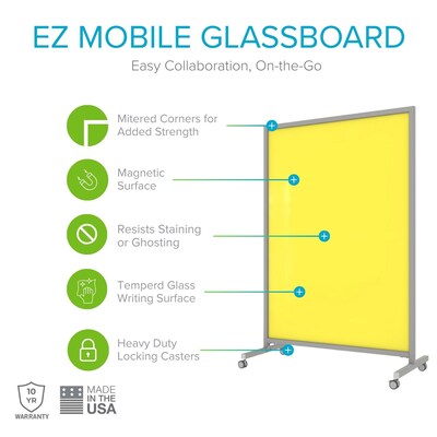 Ghent EZ Magnetic Glass Mobile Dry-Erase Whiteboard, Aluminum Frame, 75H x 62W, Yellow (EZ1MA7562YW)