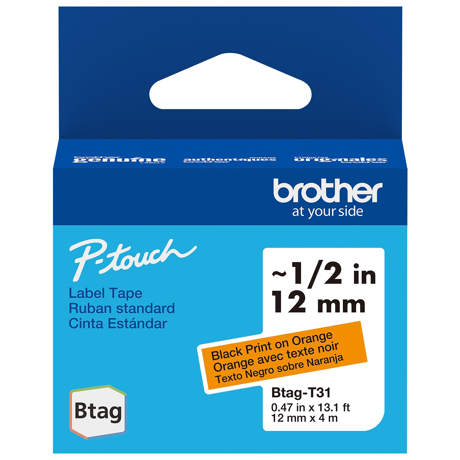 Brother P-touch Btag Label Tape, 1/2 x 13.1 (12mm x 4m), Black on Orange (BTAGT31)