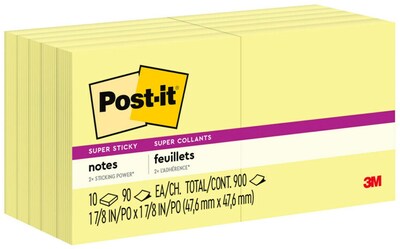 Post-it Super Sticky Notes, 3 x 3, Canary Yellow, 90 Sheets/Pad, 10 Pads/Pack (654-10SSCY)