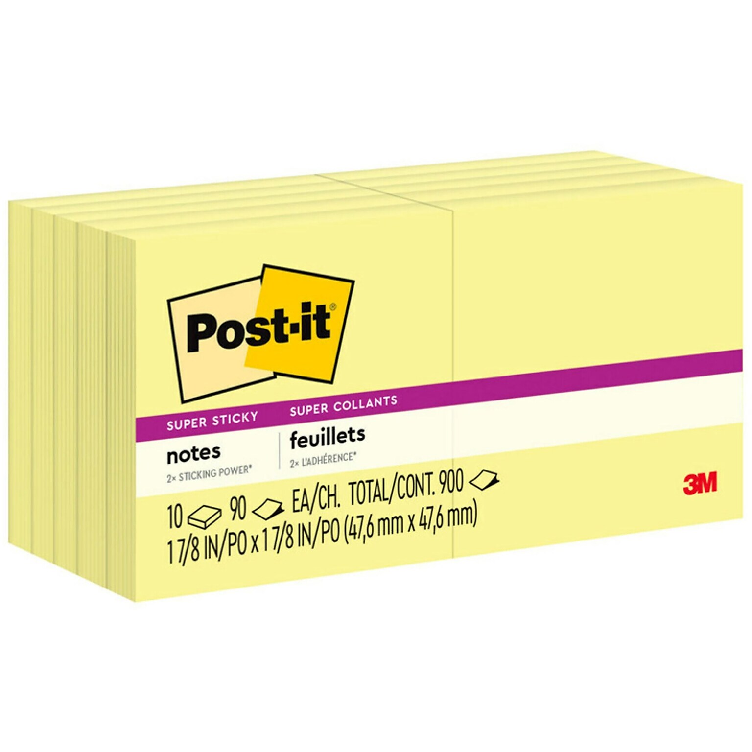 Post-it Super Sticky Notes, 3 x 3, Canary Yellow, 90 Sheets/Pad, 10 Pads/Pack (654-10SSCY)