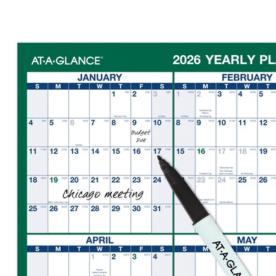 2026 AT-A-GLANCE 24" x 36" Yearly Dry Erase Wall Calendar, Reversible, White/Green (PM210-28-26)