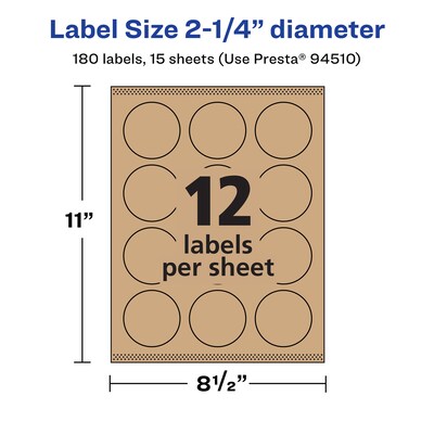 Avery Laser/Inkjet Multipurpose Circle Labels, 2.25" Dia, Kraft Brown, 180/Pack (94510)
