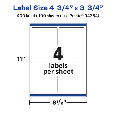 Avery Rectangle Laser/Inkjet Multipurpose Labels, 4.75" x 3.75", White, 400 Labels/Box (19479391010)