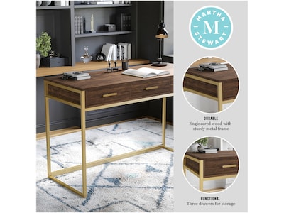 Martha Stewart Ollie 47"W Home Office Desk with 3 Drawers, Walnut/Polished Brass (ZGZP028BRGLD)