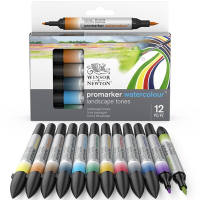 Winsor & Newton Promarker Dual-Tip Watercolor Alcohol Based Marker, Landscape Tones, 12/Pack (WNX0290167)