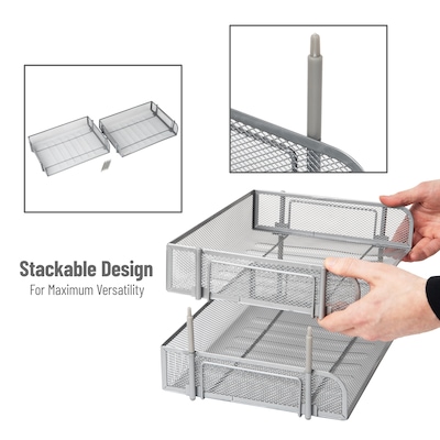 Mind Reader 2-Tier Stackable Paper Desk Tray, File Storage, Metal, Silver, 2/Pack (ESTACK2-SIL)