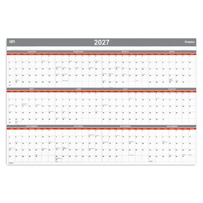 2027 Staples 36 x 24 Yearly Wall Calendar, Reversible, White/Red/Gray (ST53903-27)