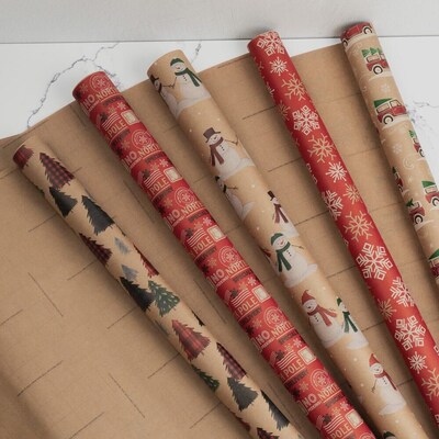 JAM Paper Christmas Wrapping Paper, 25 Sq. ft. x 30", Kids Kraft Christmas Set, 5 Rolls/Pack (165K5KRKID)
