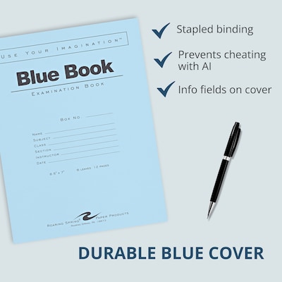 Roaring Spring Paper Products Exam Notebooks, 7" x 8.5", Wide Ruled, 6 Sheets, Blue, 1000/Case (77511CS)