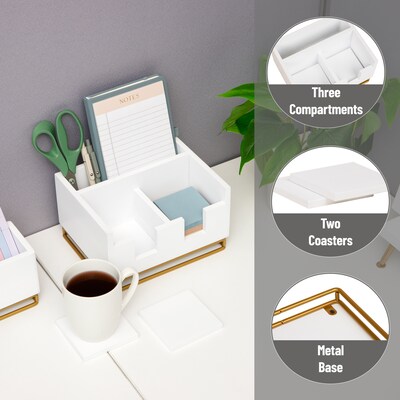 Mind Reader Desktop Organizer with 2 Coasters, 3 Compartments, White (COASDORG-WHT)