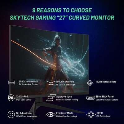 Skytech Moon Shadow 27" Curved 2K 180 Hz Gaming Monitor, Black (MT-MOONSHADOW-0001-B-SK)