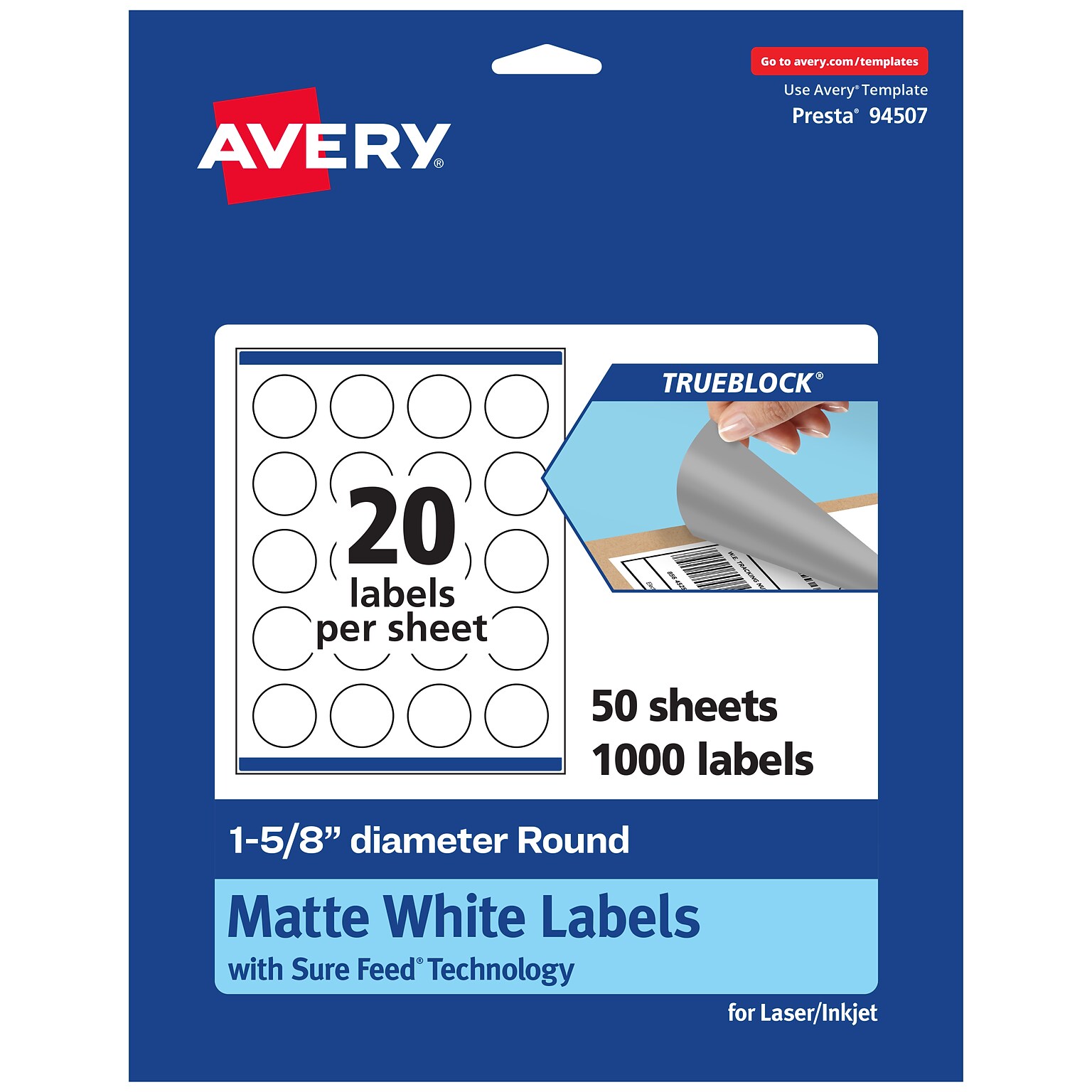 Avery TrueBlock Laser/Inkjet Circle Multipurpose Labels, 1-5/8 Dia., White, 1000/Box (94507)