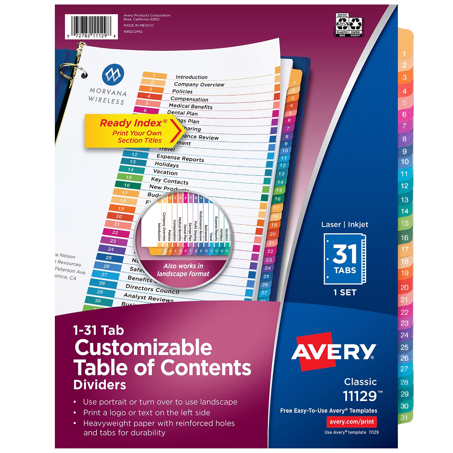 Avery Ready Index Table of Contents Pre-Printed Numeric Paper Divider, 31 Tabs, Multicolor, 1 Set (11129)