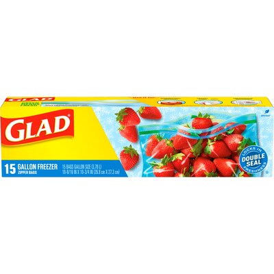 Glad Zipper Freezer Storage Bags, Gallon, 15 Bags/Box (57034)