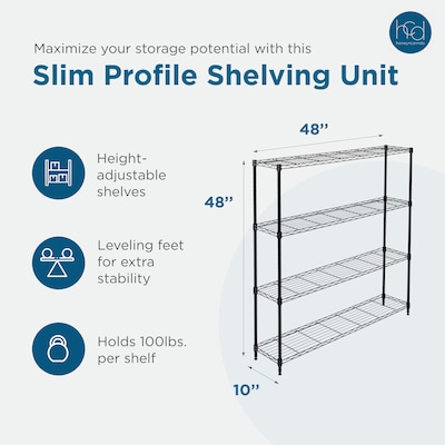 Honey-Can-Do 4-Tier Slim Profile Wide Shelving Unit, Black (SHF-10003)