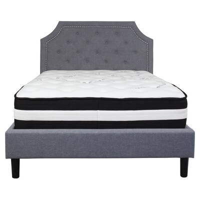 Flash Furniture Brighton Tufted Upholstered Platform Bed in Light Gray Fabric with Pocket Spring Mattress, Full (SLBM10)