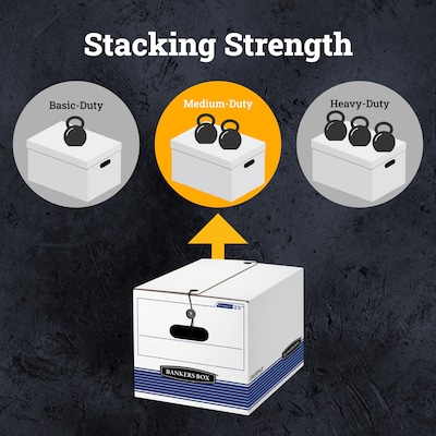 Bankers Box Stor/File Medium-Duty FastFold File Storage Boxes, String & Button, Letter/Legal Size, White/Blue, 12/Carton (00025)