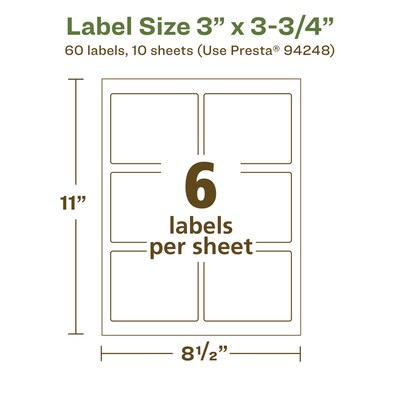 Avery EcoFriendly Laser/Inkjet Rectangle Multipurpose Labels, 3" x 3-3/4", White, 60/Pack (94248)