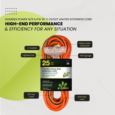 GoGreen Power 25' Indoor/Outdoor Extension Cord, 3-Outlet, 14 AWG, Orange (GG-15125)