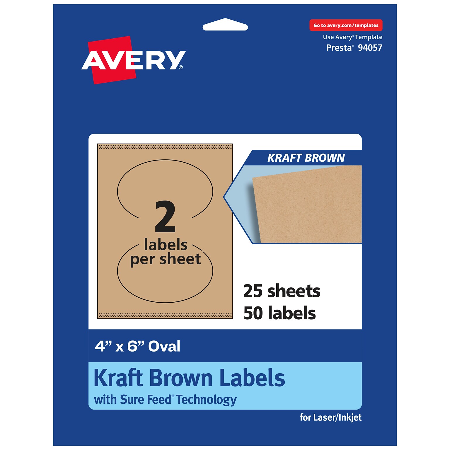 Avery Laser/Inkjet Oval Multipurpose Labels, 4 x 6, Kraft Brown, 50 Labels/Pack ( 94057)