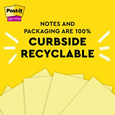 Post-it Recycled Super Sticky Notes, 3" x 3", Canary Collection, 70 Sheet/Pad, 5 Pads/Pack (654R-5SSCY)