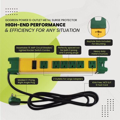 GoGreen Power 6' Metal Surge Protector, 6 Outlets, Yellow/Green (GG-26114)