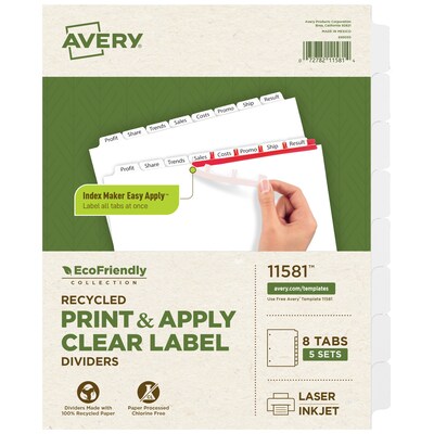 Avery Index Maker EcoFriendly Paper Dividers with Print & Apply Label Sheets, 8 Tabs, White, 5 Sets/Pack (11581)