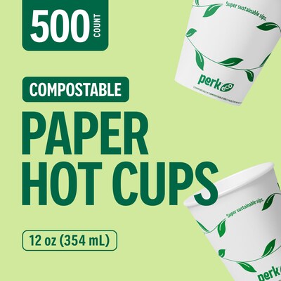 Perk™ Eco Compostable Paper Hot Cup, 12 Oz., White/Green, 500/Carton (PK56222CT)