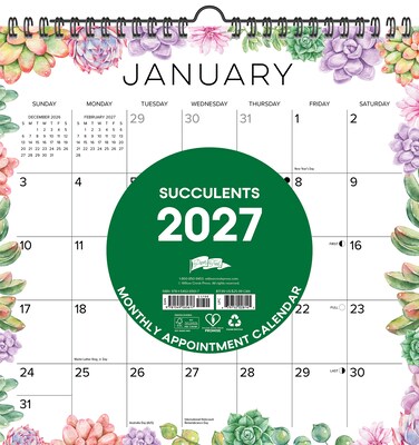 2027 Willow Creek Succulents 12 x 12 Monthly Wall Calendar, Assorted Colors (65617)
