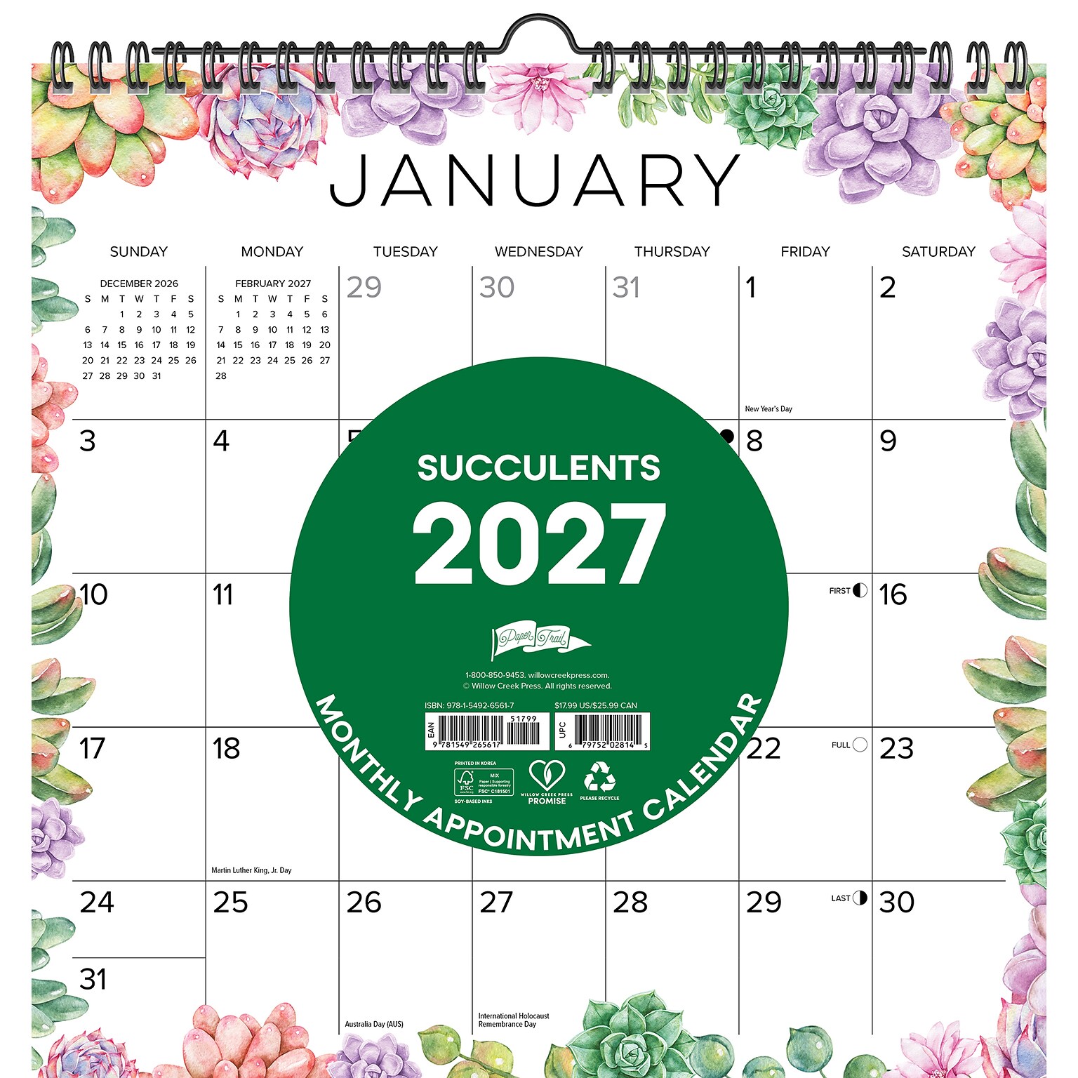 2027 Willow Creek Succulents 12 x 12 Monthly Wall Calendar, Assorted Colors (65617)