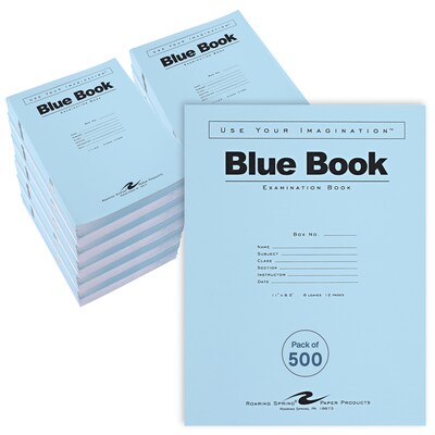 Roaring Spring Paper Products Exam Notebooks, 8.5 x 11, Wide Ruled, 6 Sheets, Blue, 500/Carton (77516CS)