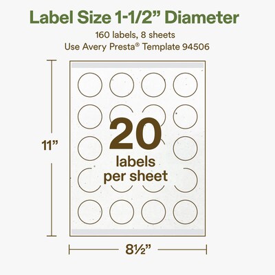 Avery Hemp Round Laser/Inkjet Multipurpose Labels, 1-1/2" Dia, Off-White (160/Pack)