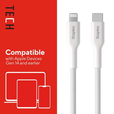 Staples TECH Lightning to USB-C Charging Cable, 6.5 ft., White (ST62333)