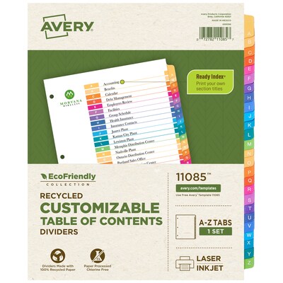 Avery Ready Index Table of Contents EcoFriendly Paper Dividers, A-Z Tabs, Multicolor (11085)