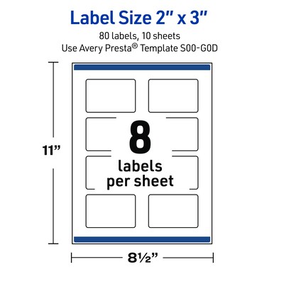 Avery Rectangle Laser/Inkjet Multipurpose Labels, 2" x 3", White, 80/Pack (19479370836)