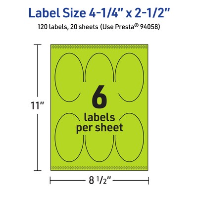 Avery Printable Oval Multipurpose Labels, 4.25" x 2.5", Bright Green, 120/Pack (94058)
