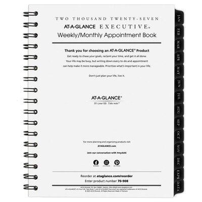 2027 AT-A-GLANCE Executive 8.75 x 6.5 Weekly & Monthly Appointment Book Refill, White/Black (70-908-10-27)