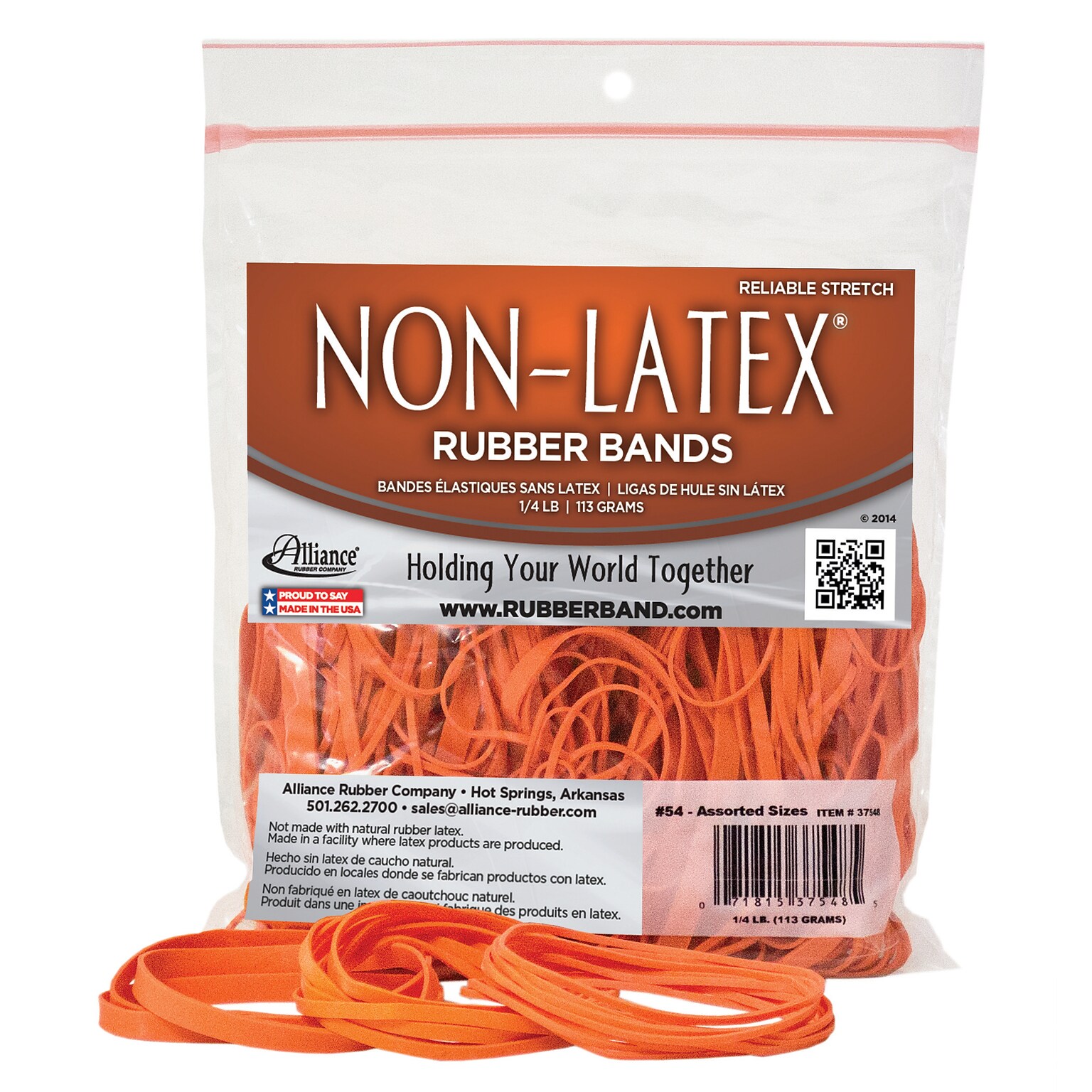 Alliance Non-Latex Multi-Purpose Assorted Rubber Bands, Non-Latex, Orange, 125/Pack (37548)