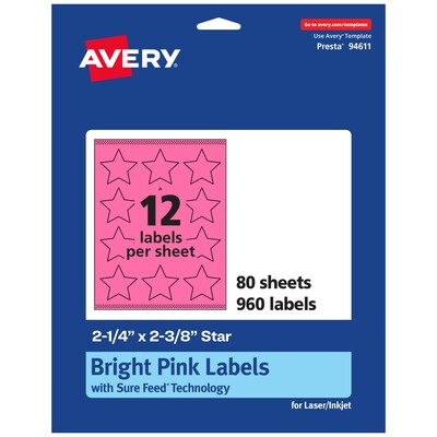 Avery Star Laser/Inkjet Multipurpose Labels, 2-1/4 x 2-3/8, Bright Pink (960/Box)