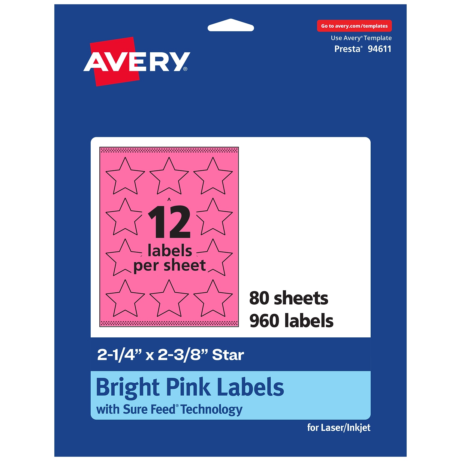 Avery Star Laser/Inkjet Multipurpose Labels, 2-1/4 x 2-3/8, Bright Pink (960/Box)
