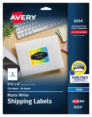 Avery Sure Feed Inkjet Shipping Labels, 3-1/3 x 4, White, 6 Labels/Sheet, 20 Sheets/Pack, 120 Labe
