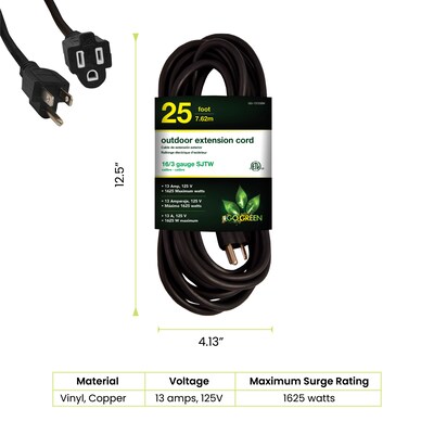GoGreen Power 25 Indoor/Outdoor Extension Cord, 16 AWG, Black (GG-13725BK)