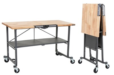 Cosco SmartFold Butcher Block Portable Workbench/Folding Utility Table w/ Locking Casters, 700 lb. C