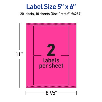 Avery Laser/Inkjet Rectangle Multipurpose Labels, 5" x 6", Neon Magenta, 20/Pack (94257)