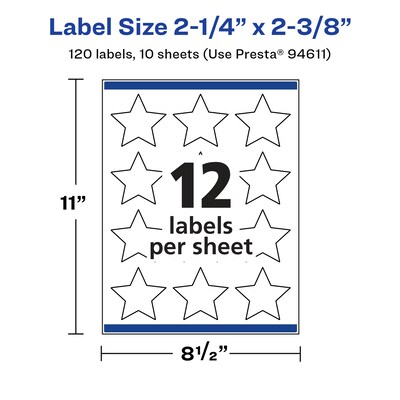 Avery Laser/Inkjet Multipurpose StarLabels, 2.375" Dia, Glossy White, 120/Pack (94611)